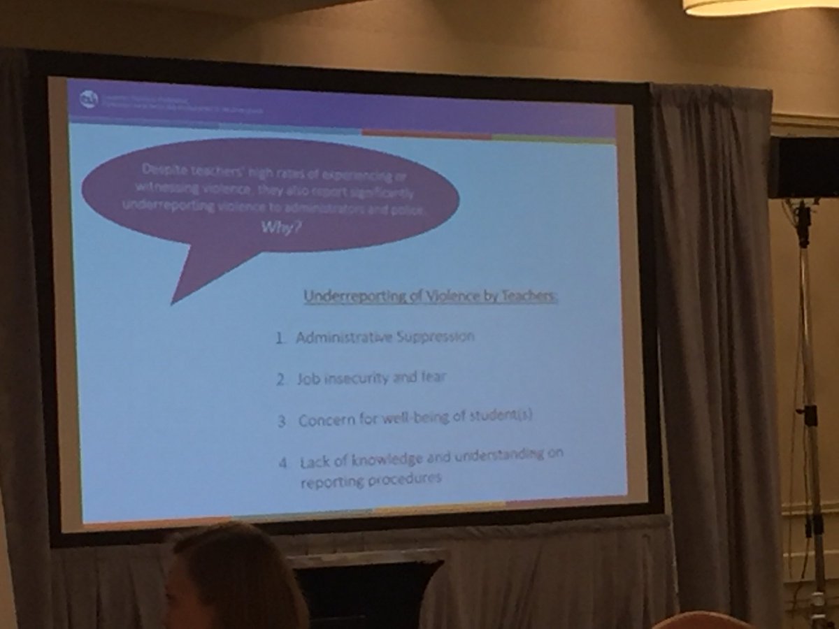 Administrative suppression, job insecurity, concern for wellbeing of students, lack of knowledge & understanding of reporting process some reasons for under reporting of violent incidents in classroom. @CanTeachersFed #CTFForum