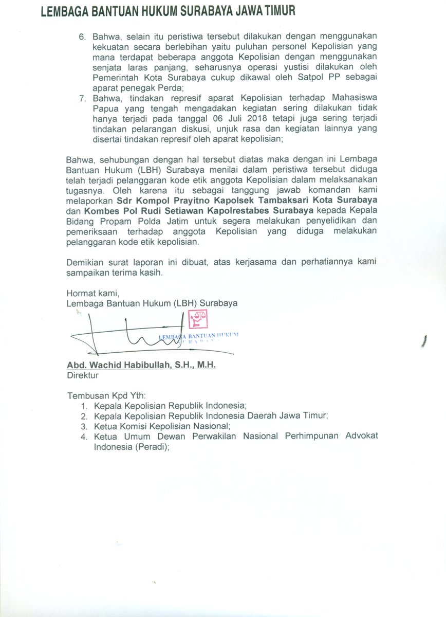 LBH_surabaya's tweet photo. LBH Surabaya secara resmi telah melaporkan Kapolsek Tambaksari dan Kapolrestabes Surabaya kepada Propam Polda Jatim atas tindakan represif aparat Kepolisian dalam peristiwa pengepungan asrama mahasiswa Papua pada tgal 06 Juli 2018, yang diduga melanggar kode etik Kepolisian. https://t.co/WKR5buYckC