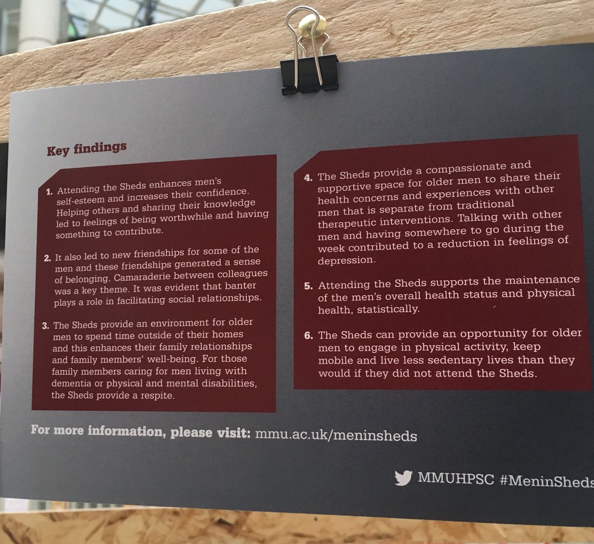 DrMelChapman's tweet photo. Men in sheds. It’s not just about woodwork - it’s about camaraderie. Who knew you could make big music using a garden hose?! Great launch of project findings by @JennyCFisher @rebeccalawthom @PlaceAge @AgeUKCheshire at #FRIHSC18 https://t.co/8cojrRdEOt