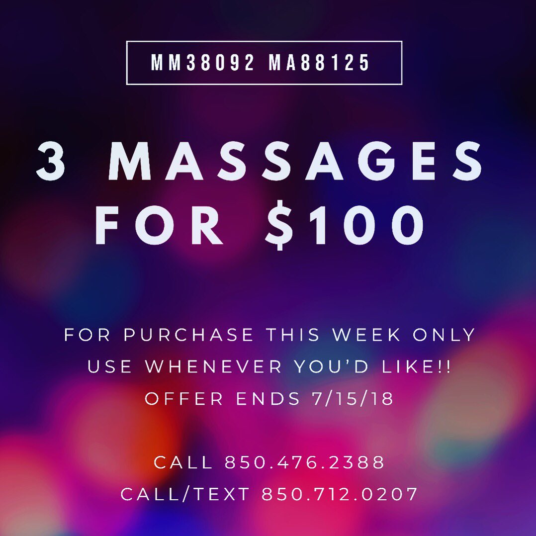 masterdesigninc's tweet image. Looking for a massage deal? We got you. 3 - 60 minute sessions with Tracy for just $100. Purchase this week only! 850.476.2388 or text 850.712.0207