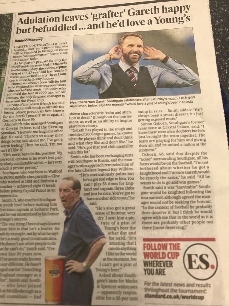 We are on the case <a href="/GarethSouthgate/">Gareth Southgate</a> <a href="/YoungsBeer/">Young's Beers</a> <a href="/YoungsPubs/">Young's Pubs</a> on  the way to Russia with Love.
Beers on us when you return home. Come on England