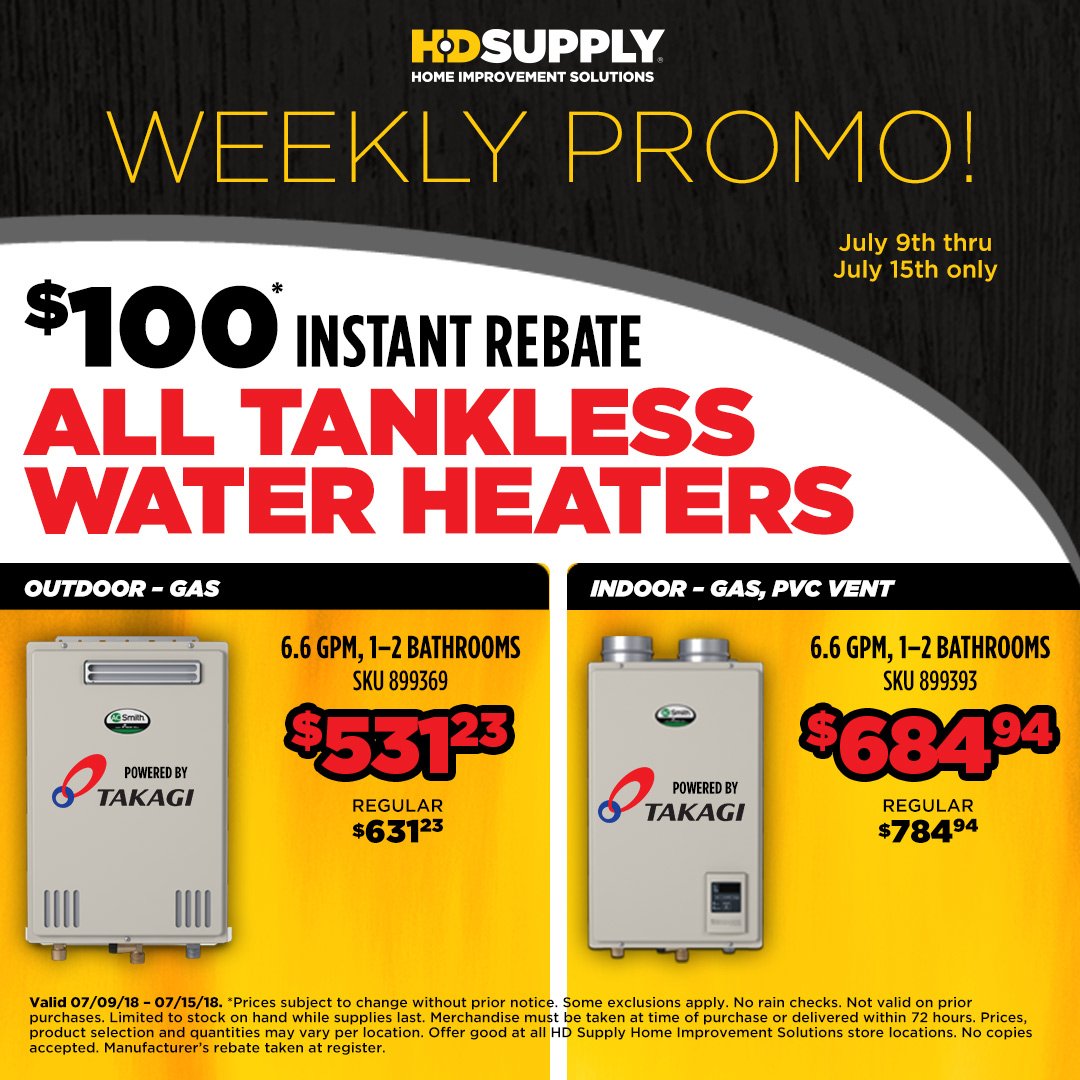 ContractorsWhs's tweet photo. Get a $100 instant rebate on all tankless water heaters! See attached for details.
#HDSupplyHIS #HomeImprovement #Savings #Coupons #Tools #ToolSupply #HomeDecor #Construction #Home #DIY #Ideas #Projects #Project #InstaHome https://t.co/JB77SC0sBt