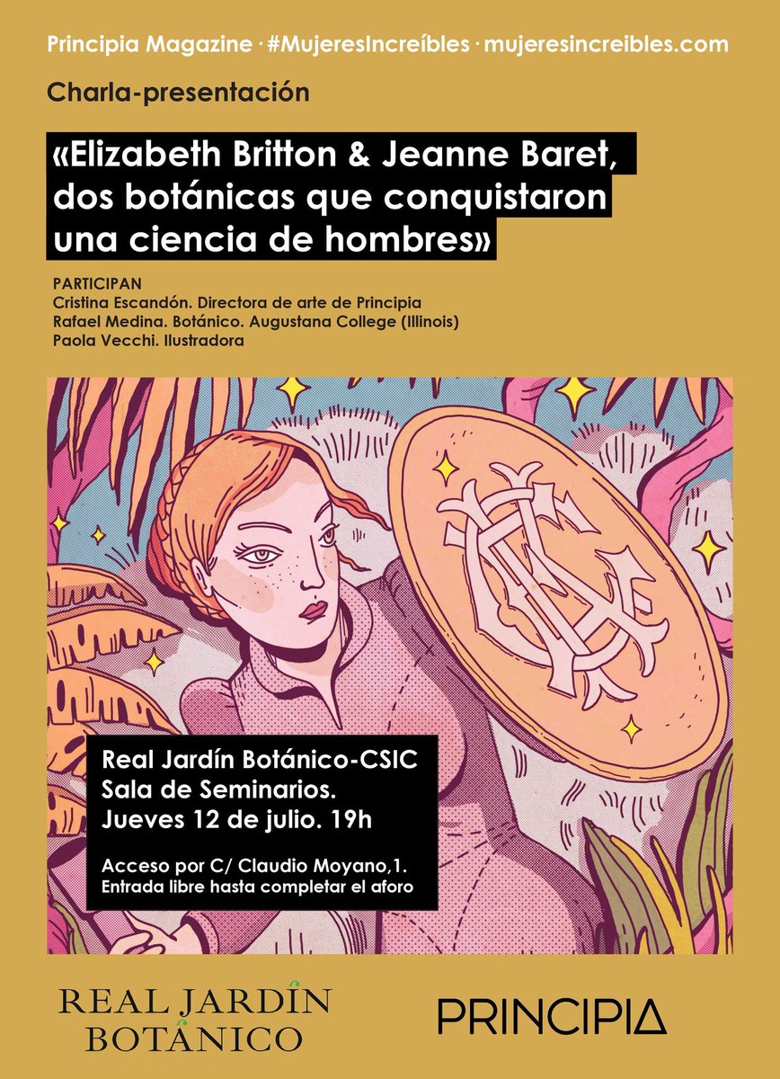 cobcm's tweet photo. #Charla | Este jueves 12 a las 19h arranca el Ciclo "Mujeres Increíbles" de @Principia_io en el @RJBOTANICO. Conoce de cerca a las botánicas: la americana Elizabeth Britton y la francesa Jeanne Baret. ¡Aforo gratuito y limitado!
#COBCM #MujeresCientificas #Botanicas https://t.co/2bIcRwV3PW
