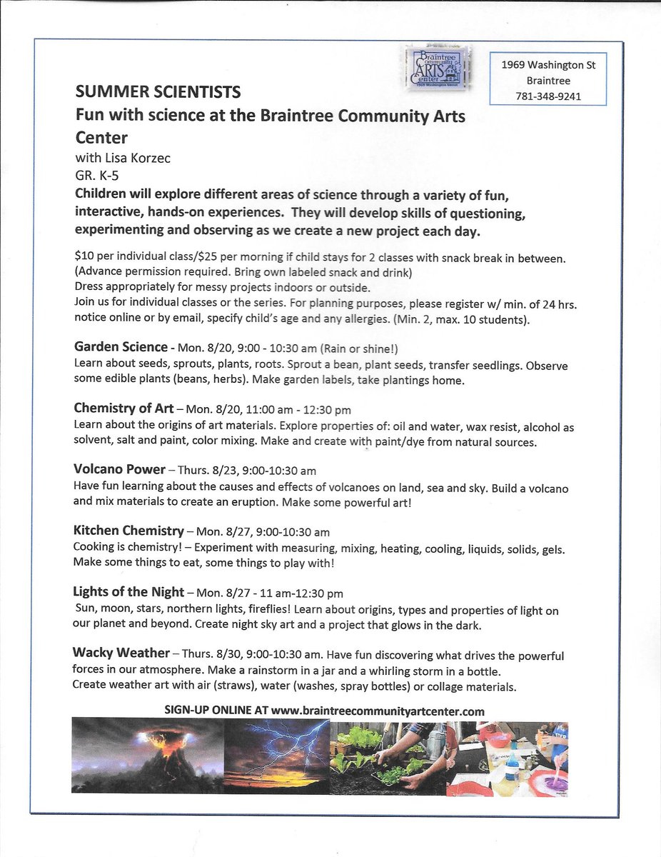 braintree_art's tweet image. Our Summer Scientist Workshop in August - advance sign-up required. For Kids Grades K-5. Hands on! Fun! #summersciencefun happening at the @braintree_art we are open to all surrounding towns too!