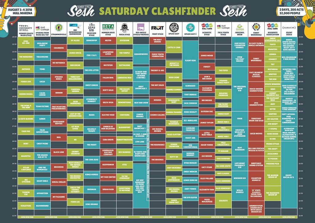 PLAN YOUR HUMBER STREET SESH! Here's your clashfinders for Friday 3rd and Saturday 4th August! Let us know who you plan to see when and where! Buy your Friday and Saturday Humber Street Sesh tickets here >> bit.ly/HUMBERSTREETSE…