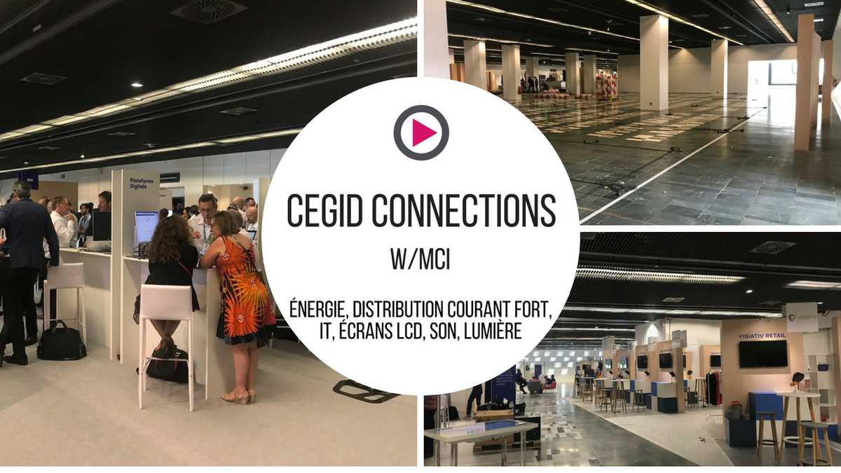 videlioinfo's tweet photo. Zoom sur #cegidconnections et ses quelques 5000m2 de village technologique. Un RDV orchestré par @MCI_France qui s'est appuyé sur les équipes #videlioevents pour la mise en place du dispositif technique sur le village : #energie, #distributioncourantfort, #reseauxIT, #ecransLCD https://t.co/DrNdyPjYg8