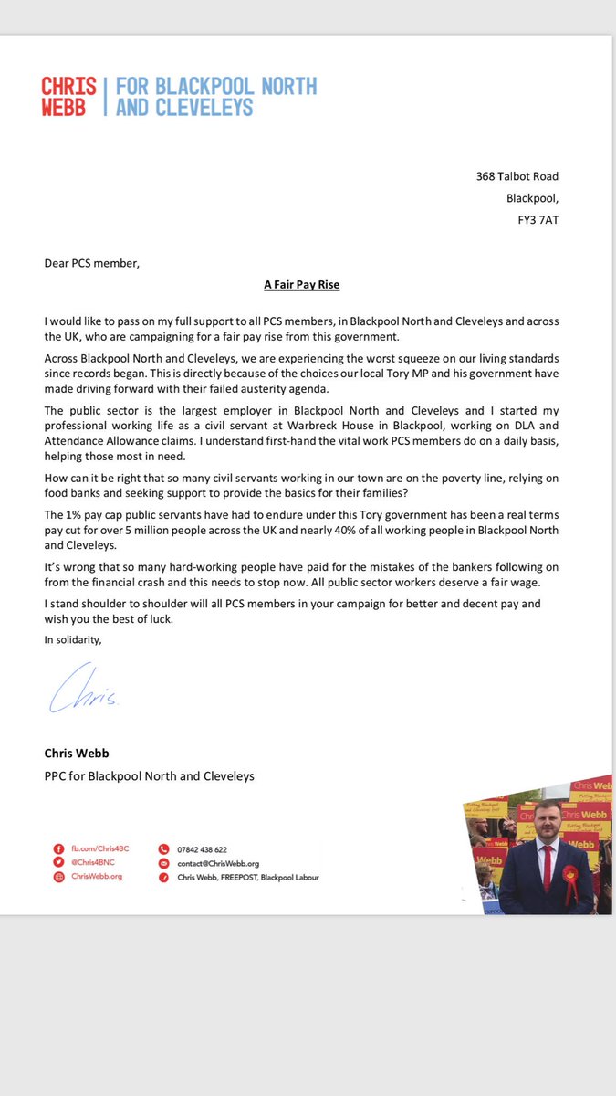 PCS_Northwest's tweet photo. Great to receive support today from Labour candidate for Blackpool North and Cleveleys Chris Webb @Chris4BNC - the Blackpool area is a community with a large public sector workforce and all of them deserve a pay rise #PCSpay2018 #PCSVoteYes #PCS5pc #PCSVoteAndPost https://t.co/4vbb0wvame