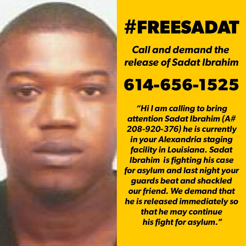 BAJItweet's tweet photo. @heshkolita Please call and demand the release of #SadatIbrahim, a Queer Ghanaian man seeking asylum. Instead, he was met with detention. But, we must fight for his freedom.  #AbolishICE https://t.co/4VaghUx9XE