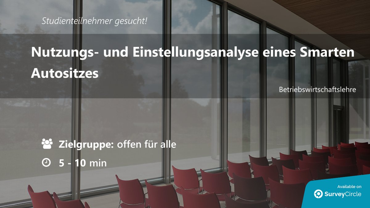 top_studies's tweet photo. Top-platzierte Studie bei SurveyCircle sucht noch Teilnehmer:
"Nutzungs- und Einstellungsanalyse eines Smarten Autositzes" https://t.co/UV6o5JgrWP via @SurveyCircle
#Verhalten #Einstellung #Automobil #Iot #Autositz #Mobilitätsverhalten #Studie https://t.co/94dRfHnIU5