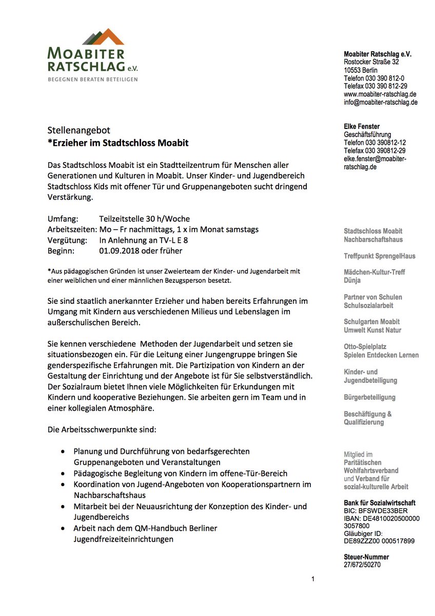 MRatschlag's tweet photo. Die Stadtschloss Kids suchen männlichen Erzieher für paritätisch besetztes Team der offenen Kinder- und Jugendarbeit im Stadtschloss Moabit! https://t.co/sWIRX5C4Nr