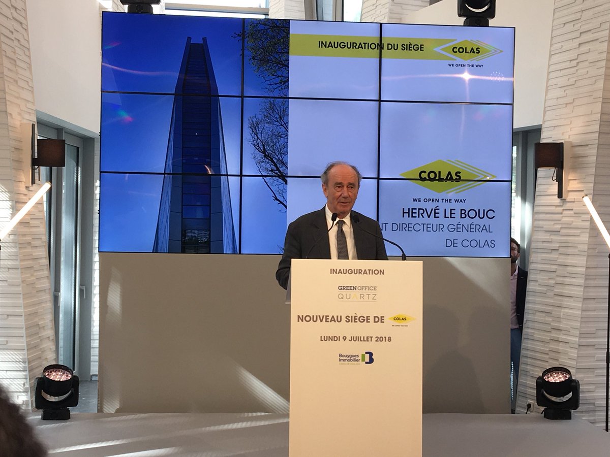 GroupeColas's tweet photo. Inauguration du nouveau siège de Colas : "#GreenOfficeQuartz est un joyau qui s’inscrit dans le paysage urbain et reflète à merveille l’identité singulière de Colas, sa dynamique de transformation, son ambition. C’est une fierté pour nos collaborateurs" Hervé Le Bouc, PDG https://t.co/vX78wcYXRo