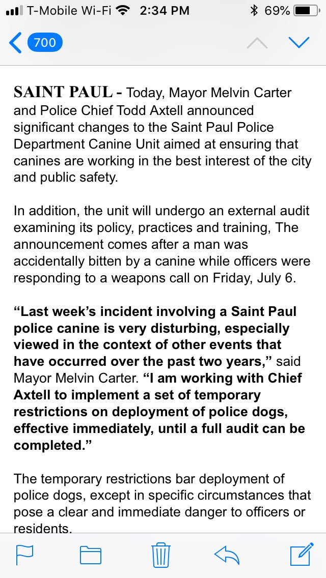 _ChaoXiong's tweet photo. #MayorCarter says he and #Stpaulpolice chief #ToddAxtell are implementing “temporary restrictions” on K9 deployment https://t.co/uxvPE5a3S1