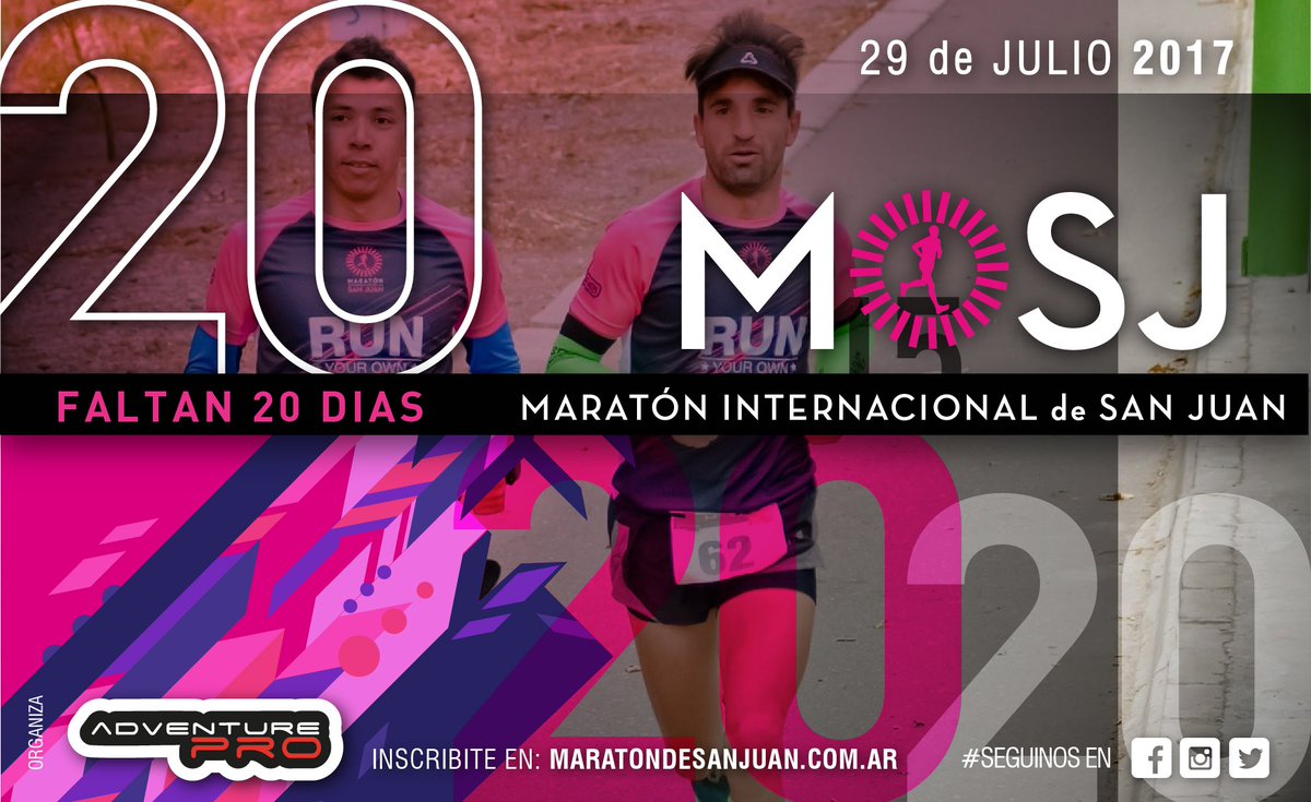 AdventureProSJ's tweet photo. Se viene, se viene..! Sii.. solo #20días para largar la 3º Edición de la Maratón Internacional de San Juan.. Ciento de corredores ya confirmaron su presencia. 
Vos, ¿Todavía no te inscribiste?

Anotate en:
https://t.co/AFYwuRwvgX https://t.co/jeLeQgzR91