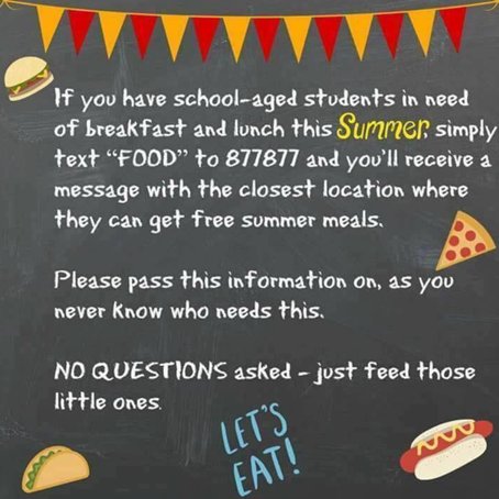 mtarlingtonk8's tweet photo. See the following for information on free breakfasts and lunches available to school aged-children during the summer! https://t.co/i2zyMwVWNu