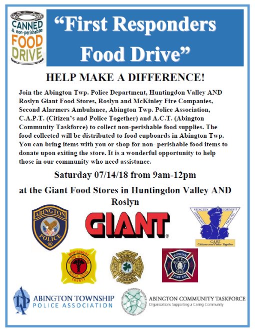 AbingtonPolice's tweet photo. Help us make a difference! The First Responders Food Drive to support local food cupboards is this Saturday! https://t.co/D0TFzfifjD