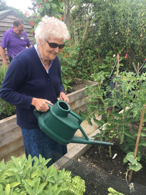 GracewellHealth's tweet photo. Residents at #GracewellofFrome love spending time in the allotments where it is quiet, peaceful and full of friendly people. Here is resident, Rowena, taking care of the plants and ensuring the veg and herbs are growing! 🌻🌻 https://t.co/BHKGcbznB1