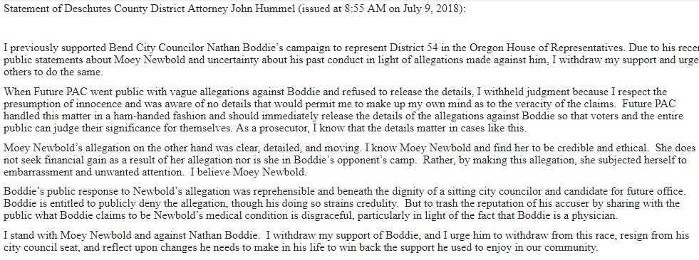 Deschutes County District Attorney John Hummel is also now calling on Nathan Boddie to get out of the #orleg race, resign his #BendCC seat and "reflect upon changes he needs to make in his life to win back the support he used to enjoy in our community." #orpol #inbend