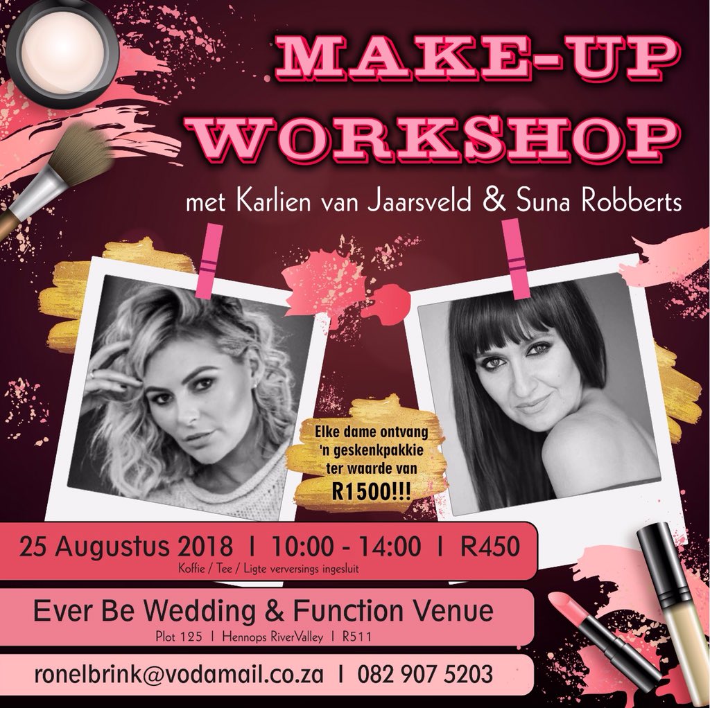 KarlienVanJ's tweet photo. Ons 1ste workshop het so vinnig uitverkoop en daarom het ons besluit om 'n 2de een by dieselfde venue aan te bied.  Julle moet vinnig spring om plek te bespreek.  Stuur epos vir Ronelbrink@vodamail.co.za om jou plek vas te maak! RT Asb! Dankie julle! 💋💄❤️ https://t.co/TzHNuwO28F