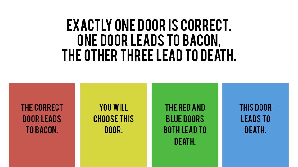 Which door leads to bacon 🥓?

Explain your reasoning!

<a href="/MrMathsplin/">Sam Asplin</a> <a href="/ATMMathematics/">Teachers of Maths</a>  <a href="/MrMattock/">Mr Mattock FCCT CMgr FCMI NPQSL</a> <a href="/helenjwc/">Dr Helen J Williams she/her🇪🇺</a> <a href="/RJS2212/">Robert J Smith</a> <a href="/AJMagicMessage/">Andrew Jeffrey</a> <a href="/Glazgow/">Paul Tyler 🔬🔭📡</a> <a href="/apjasper/">Andrew Jasper</a> <a href="/MathigonProject/">Mathigon (old)</a> @BracewellMr