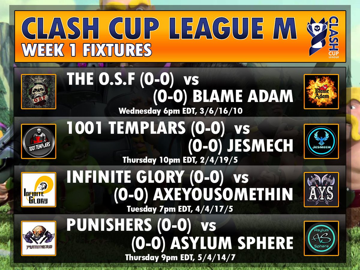 CLASH CUP LEAGUE M, Week 1
Cannot believe the first war kicks off tomorrow!  Stay tuned for streamers going live and catch all the exciting action.  Very different breakdowns should throw up some interesting wars, don't miss a hit!  Best of luck to all 8 clans #clashcup #hype