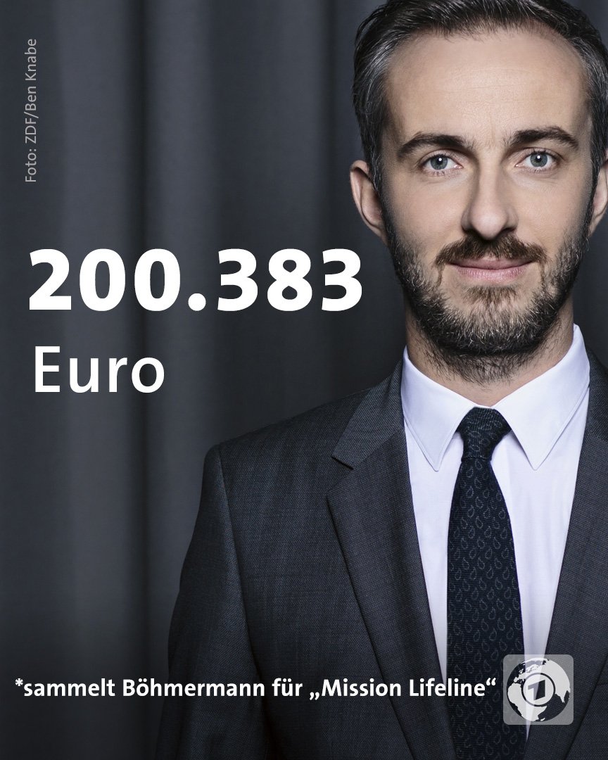 tagesschau's tweet photo. Jan #Böhmermann hat mit seiner Online-Spendenkampagne für den Verein „Mission #Lifeline“ die 200.000-Euro-Marke geknackt. Noch läuft die Aktion. https://t.co/ddbLWnVlNT