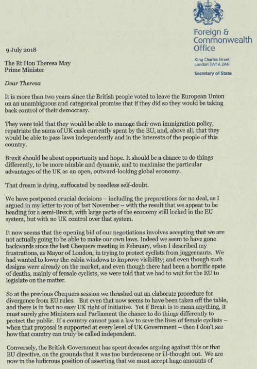 Boris Johnson resignation letter