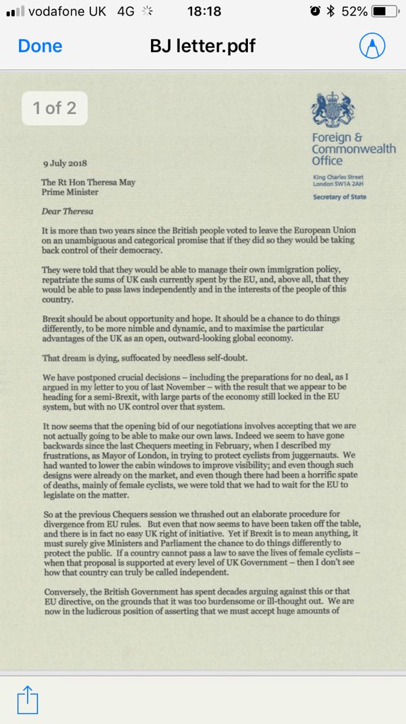 Peston's tweet photo. That @BorisJohnson resignation letter in full. We won’t see its like again https://t.co/a5J9N26cox