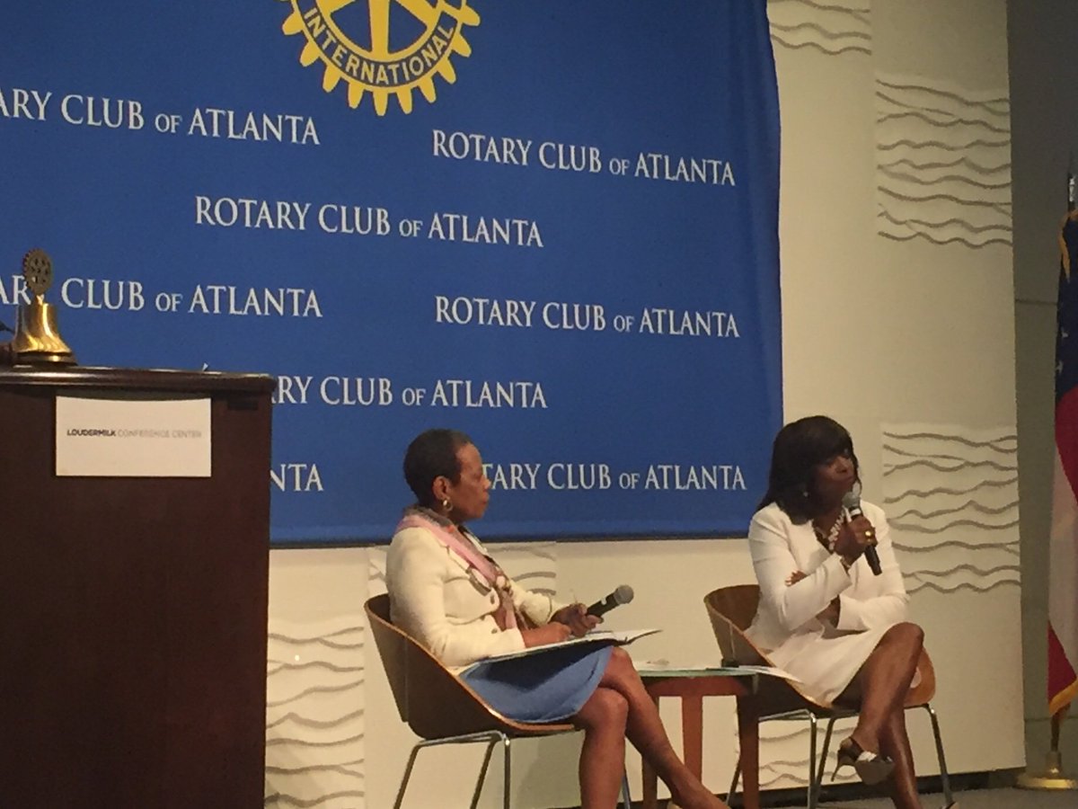 AtlRotary's tweet photo. Dr. Montgomery Rice @MSMPres and Dr Schmidt Campbell @SpelmanPres discussing developments on the westside at today’s Atlanta #Rotary club program @JohnOneillCW https://t.co/mmKHiQMnuz