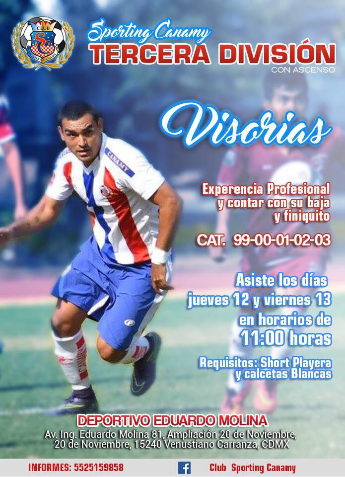 Los invitamos a participar en el periodo de visorias para la <a href="/3aDivision/">3adivision</a> del <a href="/SportingCanamy/">Club Sporting Canamy</a>.
El próximo jueves 12 y viernes 13 de julio.

Deportivo Eduardo Molina.