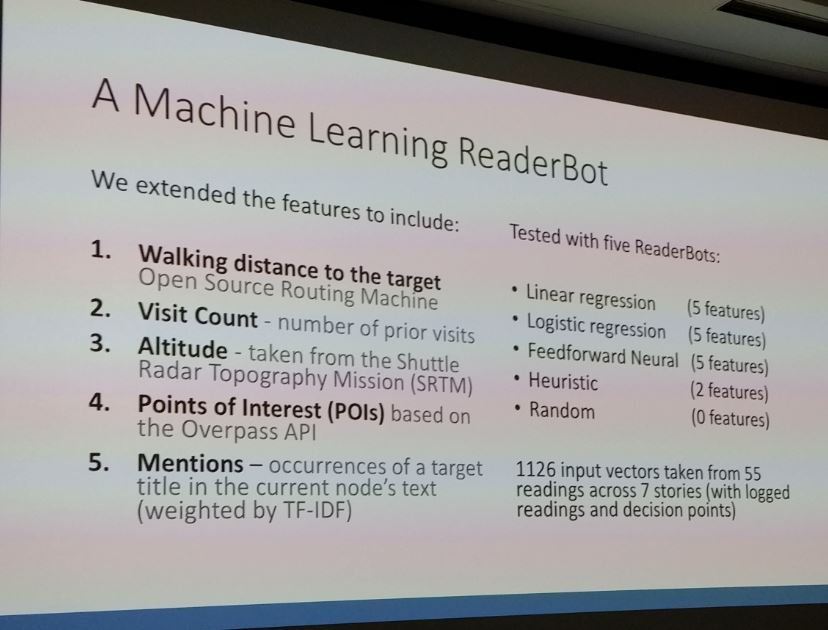 David Millard (<a href="/hoosfoos/">David Millard</a>) presents the potential of machine learning for HT narrative. #Hypertext #HUMAN #acmht18