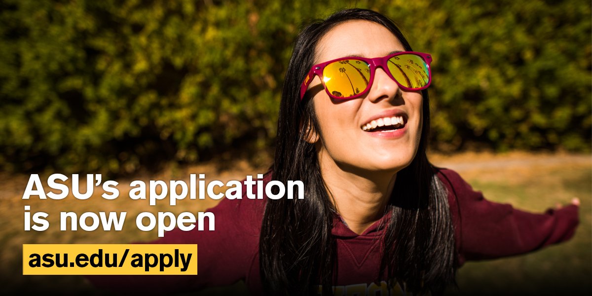 FutureSunDevils's tweet photo. The @ASU Fall 2019 application for admission is now open! ☀️😈 #FutureSunDevil

https://t.co/tq7NQryJnM https://t.co/zUQ4jEEdMb
