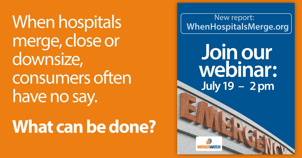 MergerWatch's tweet image. As hospitals across NY close, downsize or merge, consumers are often left out of the decision-making process. Join our webinar July 19 2pm EST to discuss how consumers can be better engaged. Register here: ow.ly/QGYN30kG3yg