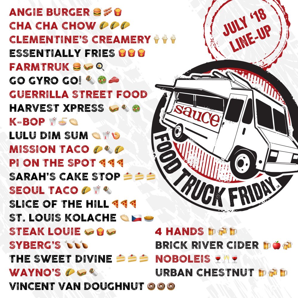 Sauce Magazine (@saucemag) on Twitter photo Drumroll, please... Announcing the official July #FoodTruckFridaySTL lineup! We'll see you at 4 p.m. THIS Friday <a href="/TowerGrovePark/">Tower Grove Park</a>! Drumroll, please... Announcing the official July #FoodTruckFridaySTL lineup! We'll see you at 4 p.m. THIS Friday <a href="/TowerGrovePark/">Tower Grove Park</a>!