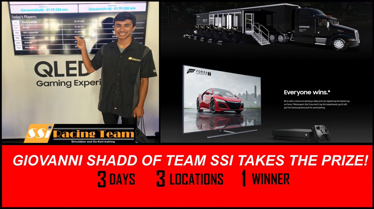 SSiRacingTeam's tweet photo. Giovanni Shadd of Team SSi takes the win at the Samsung QLED TV Gaming contest!  He attributes his win to SSi Racing Team's intense simulation training program. https://t.co/IaZ2wyDXU0