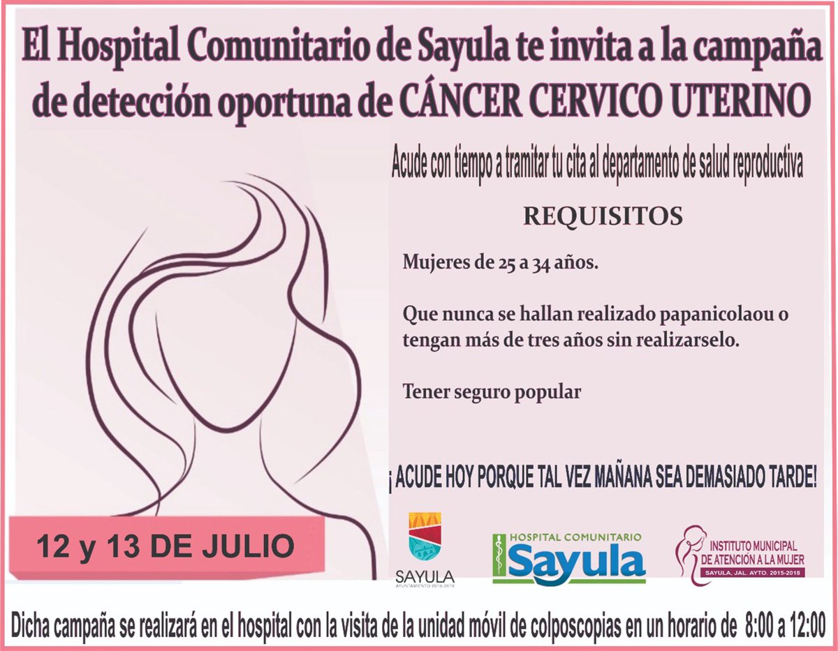 SayulaGob's tweet photo. El Gobierno Municipal y el Hospital Comunitario de Sayula invita a todas las mujeres de 25 a 34 años de edad que cuenten con seguro popular para que se sumen a la Campaña de Detección Oportuna del Cáncer Cérvicouterino, la cual se llevará a cabo este 12 y 13 de julio. #Sayula https://t.co/KRmlI1zfwW