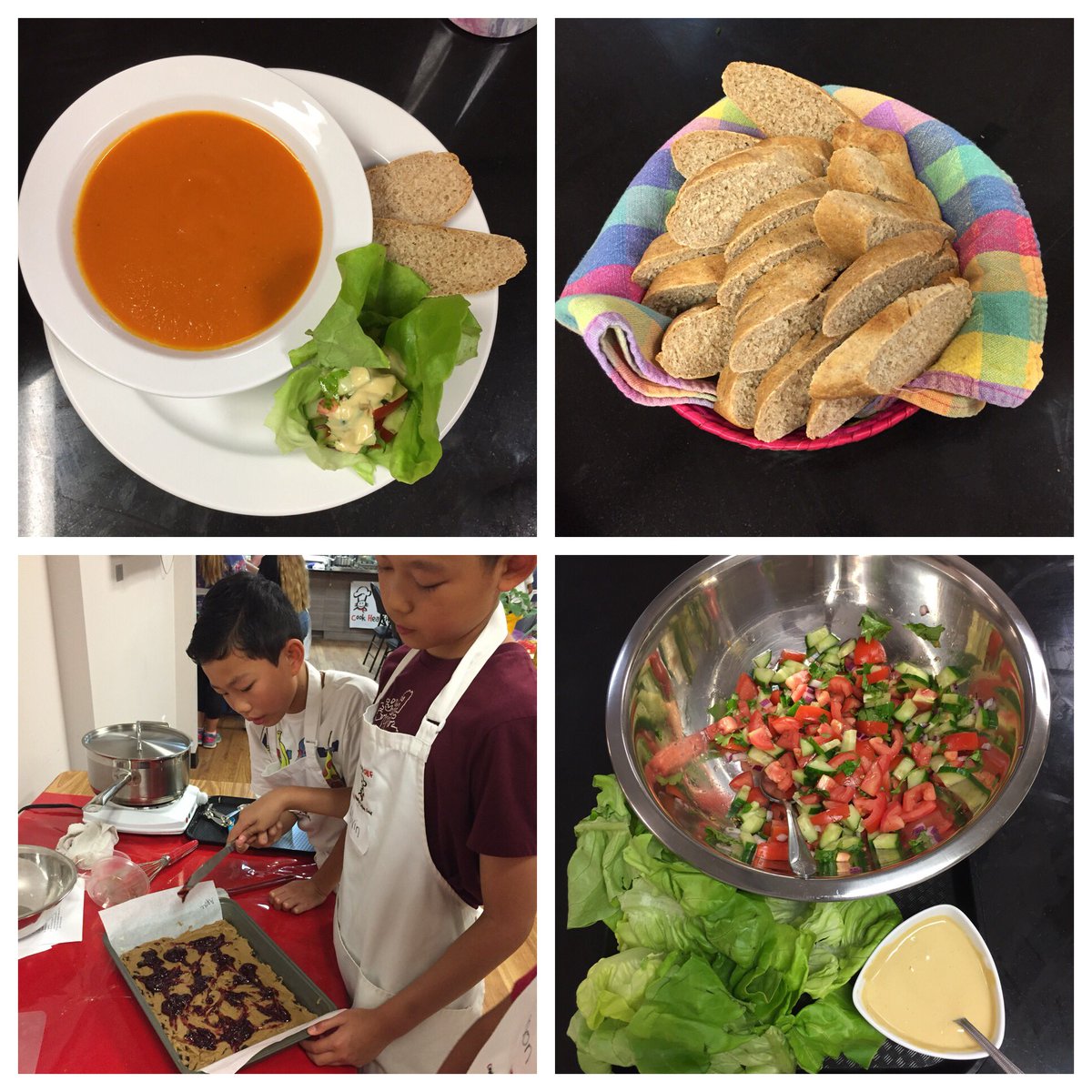 Project_CHEF's tweet photo. Terrific #teamwork with tasty results at our #summercookingcamp @ChoicesMarkets . #tomatosoup #baguette #salsa roll ups & #chocolateraspberryblondies . #lunchday https://t.co/RrJOit3hdm