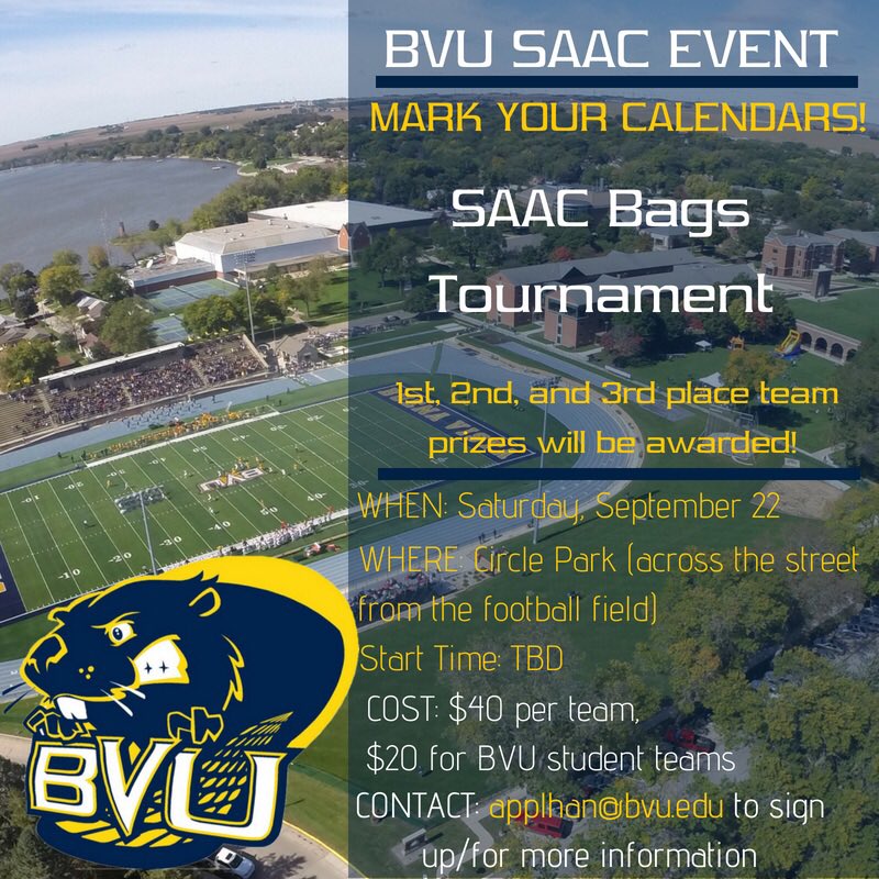 BVU_SAAC's tweet photo. BEAVER FANS: bvu saac is hosting a bags tournament prior to the kickoff of the home game against Coe (9/22/18). What’s better than tailgating, bags, and raising money for your @BVUAthletics student-athletes? Contact Hannah @ applhan@bvu.edu to reserve your teams’ spot! 🏈 https://t.co/OmtxI6f40I