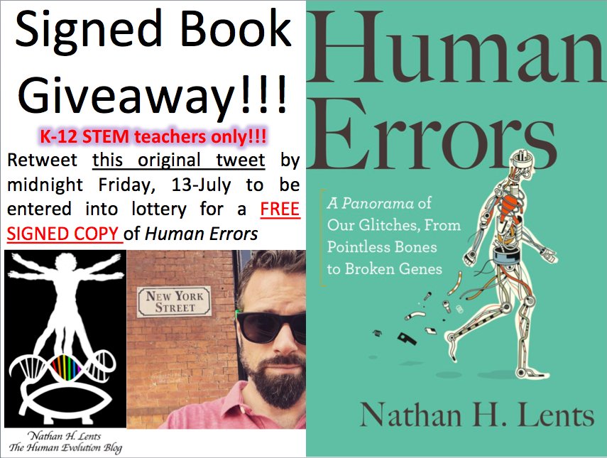 nathanlents's tweet image. Hey there, K-12 #STEM teachers! I&apos;m giving away another free signed copy of #humanerrors. To enter drawing, retweet *my original tweet* (so I can find you!) by midnight Friday. About the book: thehumanevolutionblog.com/book-human-err…  #STEMeducation #freebie #freebook #scienceeducation #TEACHers