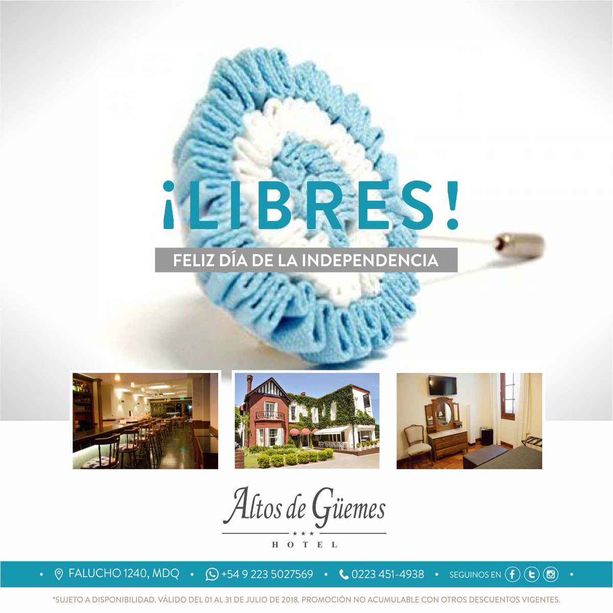 altosdeguemes's tweet photo. Feliz día de la #bander#Libres! 🇦🇷 Feliz día de la INDEPENDENCIA les deseamos toda la familia de Altos de Guemes Hotel. #familia #feriado #amigos #mardelplata #descanso #argentina. Para reservas e informes por MP. https://t.co/6ZYoZeIngi