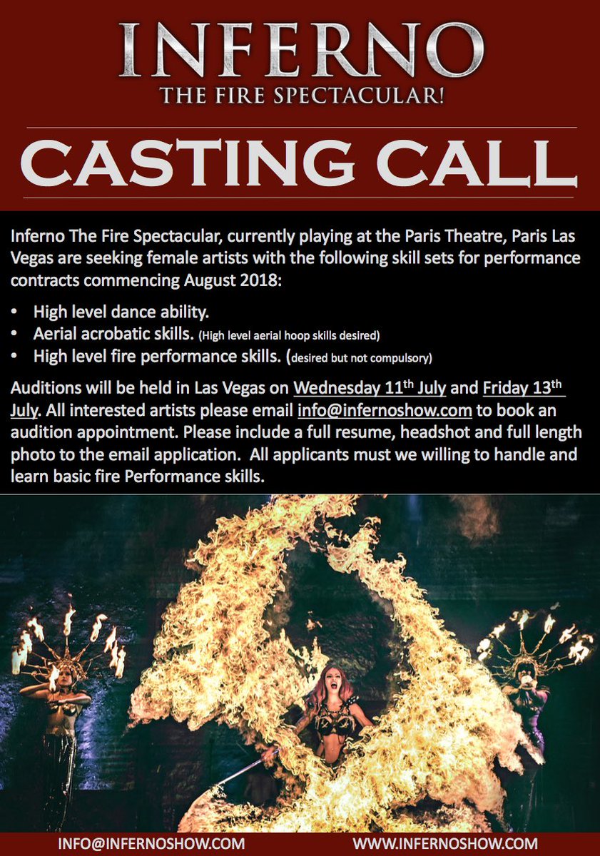 InfernoLasVegas's tweet photo. **🔥CASTING NOTICE🔥**
Inferno the Fire Spectacular is casting!
Please see below image for details. 
Please RT !
Email: info@infernoshow.com 
#castingnotice #casting #LasVegas https://t.co/aChWcyhIfG