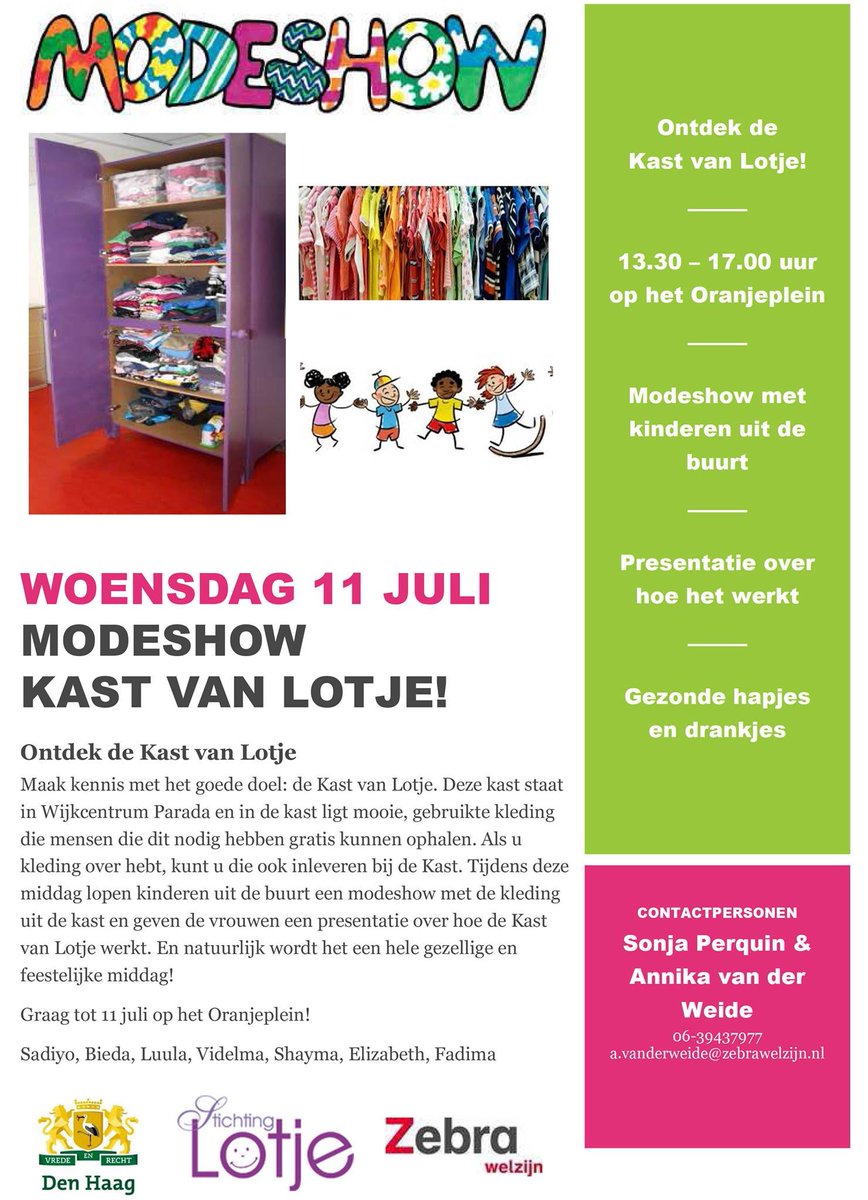 StichtingLotje's tweet photo. Zo leuk, onze dames van wijkcentrum Parada organiseren een echte kindermodeshow met kinderen uit de buurt. Kom ook! Er is gezond lekkers voor kinderen.
Breng meteen wat kleding mee voor de Kast van Lotje. Veel dank!
#kinderen #kinderkleding #DenHaag #Stationsbuurt #samenhelpen https://t.co/APcD1gNJiV