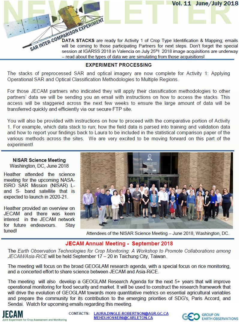 JECAM_GEOGLAM's tweet image. !! New !!: See our June/July Newsletter with updates on the @AAFC_Canada @csa_asc led @G20_GEOGLAM @G20_JECAM international SAR comparison. Includes project updates, an #IGARSS special session, meeting updates and #AnalysisReadyData for SAR, and much more....