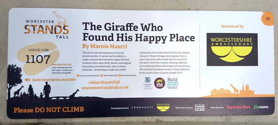 MarnieMakes's tweet photo. Ta-Daaaaa! Presenting 'The Giraffe Who Found His Happy Place'!You'll find him on the @WorcStandsTall art trail, Bromwich Parade, opposite Worcester Cathedral, in a spot just perfect for him. He couldn't be more at home ! @wildinart @StRichardsHosp #arttrail https://t.co/2nXf9BdWHl