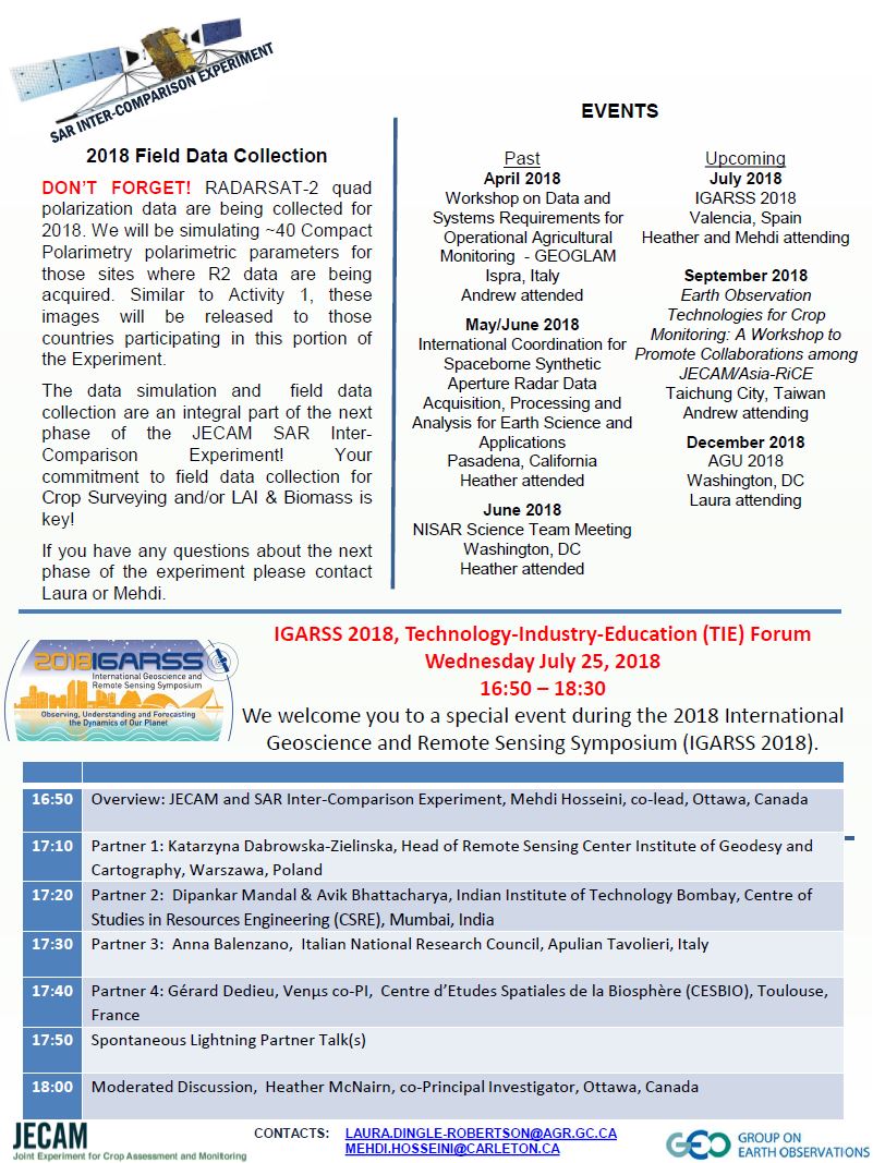 JECAM_GEOGLAM's tweet image. !! New !!: See our June/July Newsletter with updates on the @AAFC_Canada @csa_asc led @G20_GEOGLAM @G20_JECAM international SAR comparison. Includes project updates, an #IGARSS special session, meeting updates and #AnalysisReadyData for SAR, and much more....
