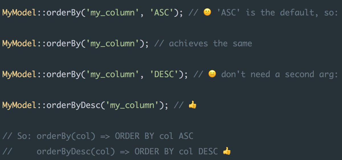 Sileence's tweet image. #LaravelTip Use only one argument when calling orderBy* in @laravelphp query builder.