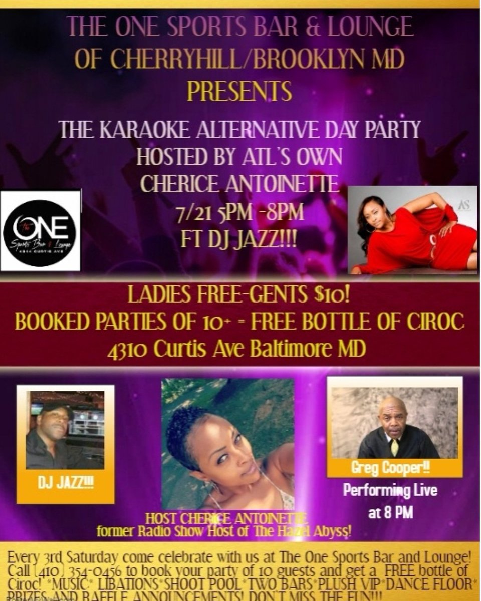 hazelabyss's tweet photo. When: 7🍾21🍾18
Time: 5PM
What:  TKA 1st Day Party! 
With Who:  Host Cherice Antoinette ft DJ Jazz! 
Where:  The One Sports Bar &amp; Lounge
Music🍾Prizes🍾Dance Floor🍾Pool Tables🍾Plush VIP🍾Start your Saturday evening with us!!! #MondayMotivation #baltimore
#DMV #julyfun https://t.co/2U8IRWWlfs