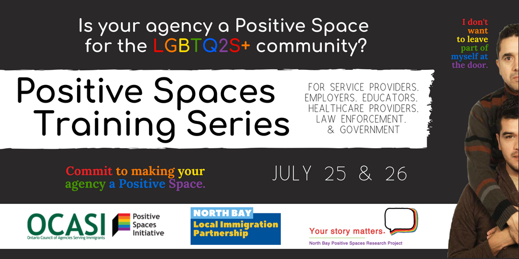 #NorthBay Commit to making your agency a Positive Space. #NBayPositiveSpaces #NipissingDistrict #LGBTQ2S+ #LGBT  #LGBTQ  #LGBTQIA   #LGBTQNewcomers  #cdnimm  #Newcomers  #NewCanadians  <a href="/NBDMC/">North Bay & District Multicultural Centre</a>  <a href="/ocasi_psi/">Positive Spaces Initiative/Espaces Positifs</a>  <a href="/OCASI_Policy/">OCASI</a>  
Register: NBayPositiveSpaces2018.eventbrite.ca