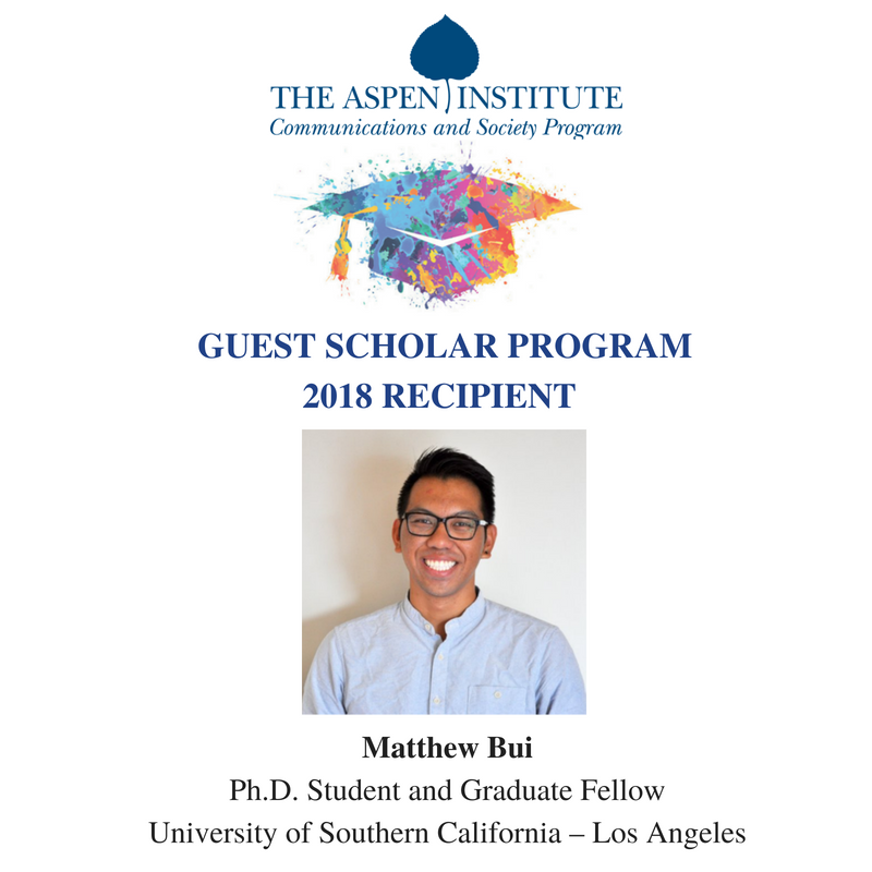 AspenDigital's tweet photo. Announcing the @AspenInstitute @AspenCS 2018 Guest Scholar: @matthew_bui Ph.D. Student, @USCAnnenberg. Bui was chosen based on his experience and commitment to work in the field of #commpolicy. Learn more about Matthew here: https://t.co/p0C2xXWKV8 https://t.co/ruOhP7j6qu