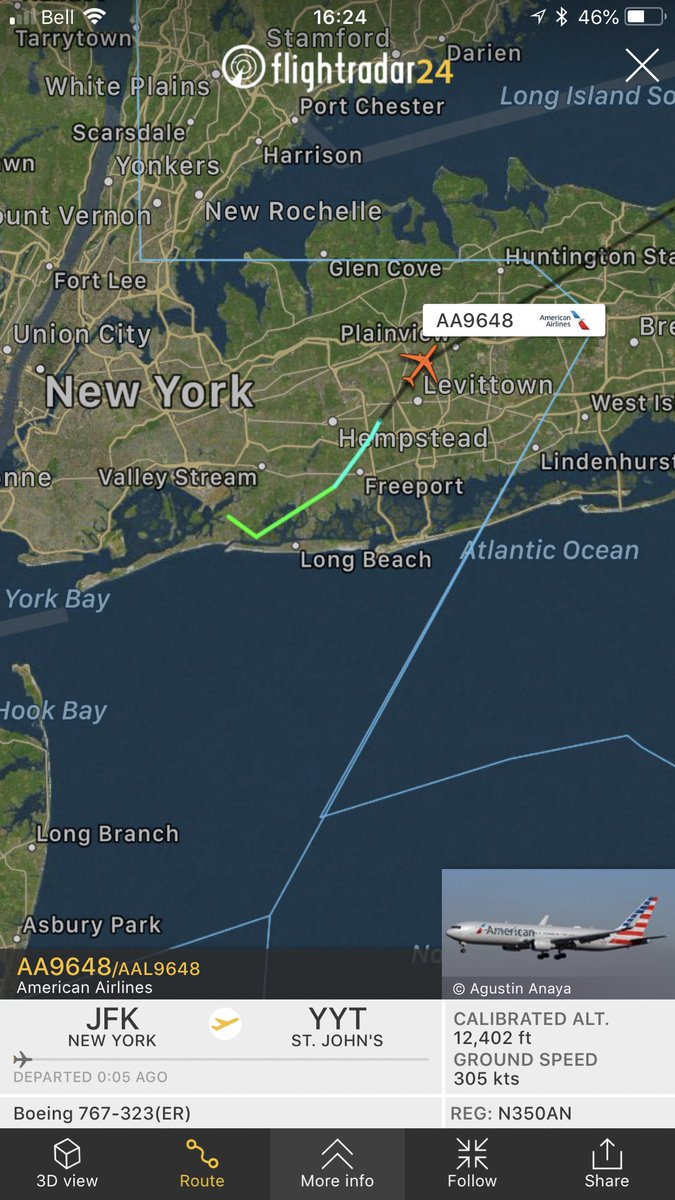 TomPodolec's tweet photo. Update
American Airlines #AA9648 just departed New York and heading to St. John's to pickup #AA52 passengers for their continued journey to Prague. Diverted early this morning due to a loss of cabin pressure. Passengers provided hotels. 

📷@BeaugardMatt

https://t.co/T2Mt9yRxt6 https://t.co/5oi3JPeauI