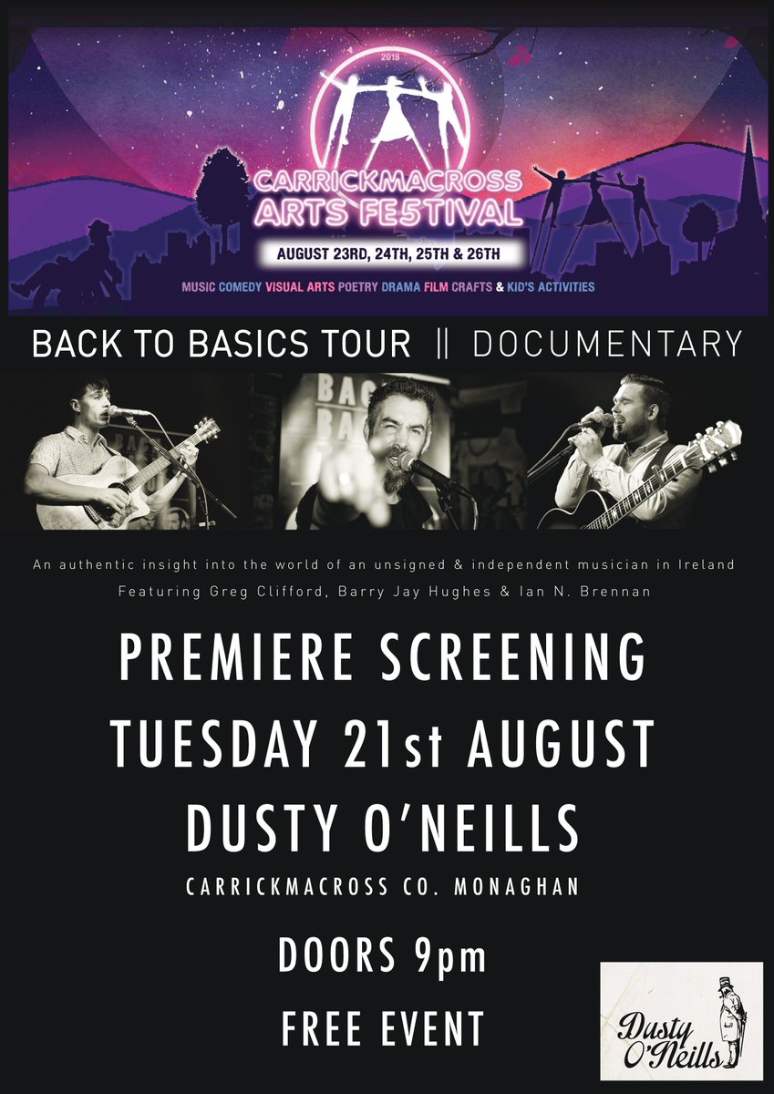 Barry Jay Hughes / Wedding Singer Ćire (@barryjmusic) on Twitter photo The Back To Basics Documentary first screening announced. Aug 21st in <a href="/dusty_oneill/">Dusty O'Neills</a>. A free Fringe event thanks to <a href="/Carrick_Arts/">Carrick Arts Fest</a>. Featuring footage from our gig in <a href="/Courthousecmx/">CourthouseRestaurant</a> & McKennas Monaghan. #IrishMusicParty #bjh #BackToBasics The Back To Basics Documentary first screening announced. Aug 21st in <a href="/dusty_oneill/">Dusty O'Neills</a>. A free Fringe event thanks to <a href="/Carrick_Arts/">Carrick Arts Fest</a>. Featuring footage from our gig in <a href="/Courthousecmx/">CourthouseRestaurant</a> & McKennas Monaghan. #IrishMusicParty #bjh #BackToBasics